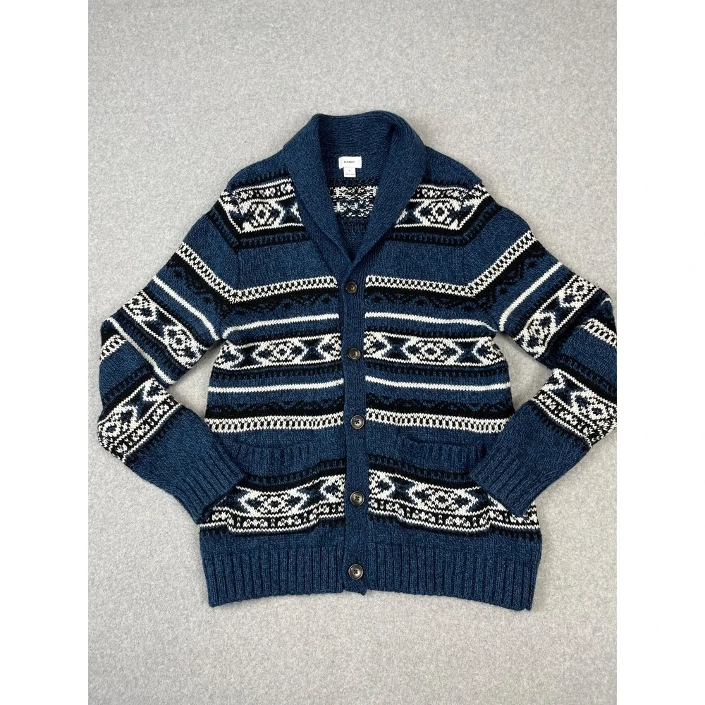 Old Navy Cardigan Mens XL Blue Fair Isle Shawl Collar Wool Blend Sweater